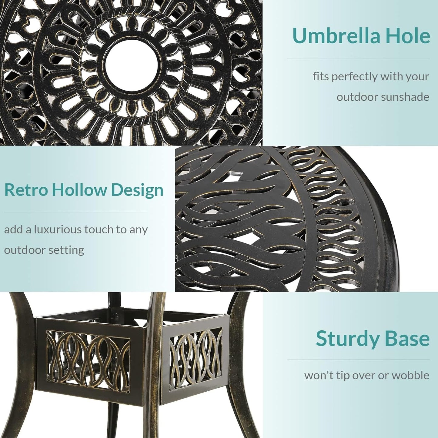 MEETWARM 3 Piece Outdoor Patio Bistro Set, All-Weather Cast Aluminum Dining Furniture Set Includes 2 Chairs and a 35.4” Round Table with Umbrella Hole for Garden Deck