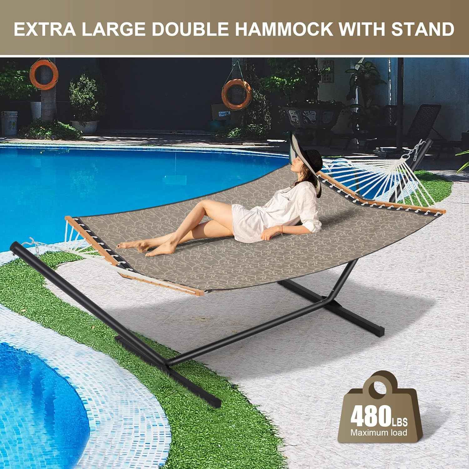 Homgava Two Person Hammock with Stand for Outside Heavy Duty, Outdoor Patio Hammock with Portable Steel Stand, Large Double Hammocks with Quick Dry Textilene Fabric,480lbs Capacity.Mocha