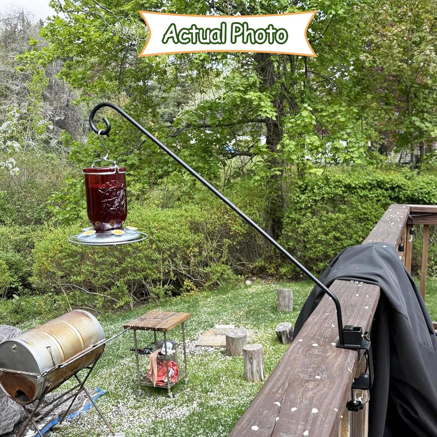 Heavy Duty Deck Hook,Courtyard Decoration,Pole 32”Long Metal Deck Railing Hooks for Hanging Bird Feeders,Planters,Suet Baskets,Lanterns,Wind Chimes,Clamp Mounted,Under 15 LBS