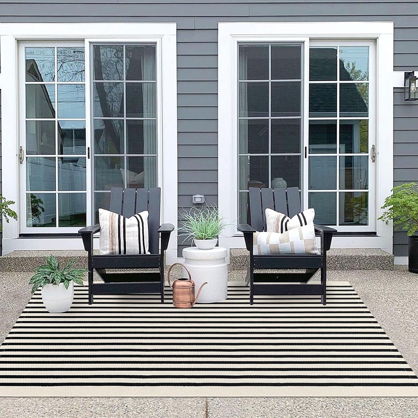 IOHOUZE Black Beige Striped Rug -4'x6' Front Door Rugs Outdoor, Washable Area Rug for Double Front Porch, Large Patio Rug Outdoor Indoor, Doormat for Entryway Porch Entrance