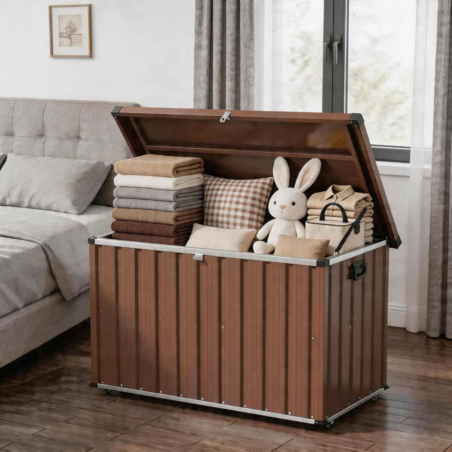160 Gallon Deck Box Outdoor Storage, Metal Patio Storage Box with Lockable Lid, Hydraulic Rod, Wheels & Side Handles, Waterproof UV-Resistant, Brown, 53.1" x 27.8" x 29.9"