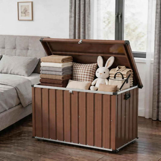 160 Gallon Deck Box Outdoor Storage, Metal Patio Storage Box with Lockable Lid, Hydraulic Rod, Wheels & Side Handles, Waterproof UV-Resistant, Brown, 53.1" x 27.8" x 29.9"