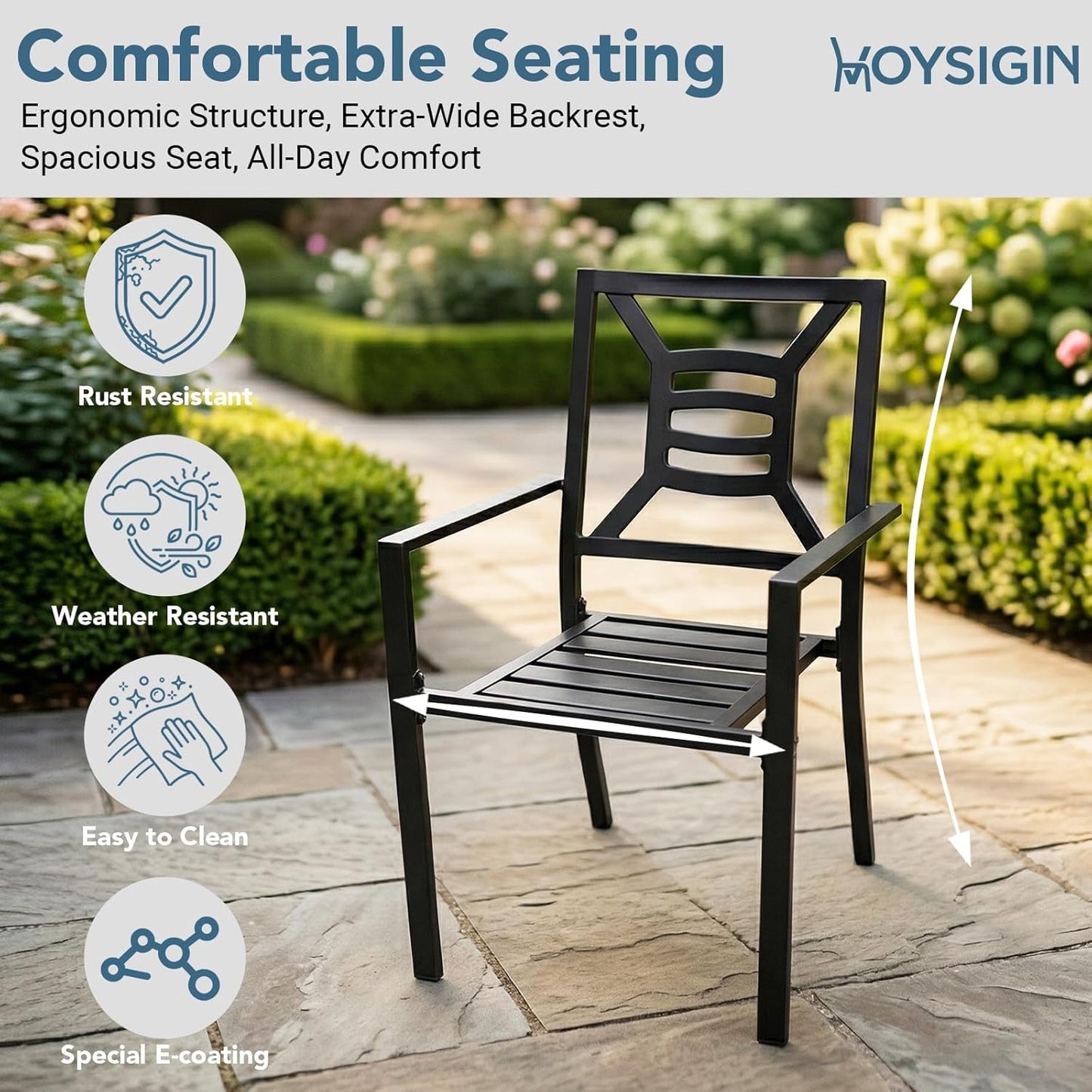 7 Piece Outdoor Patio Dining Sets, 60" Rectangular Metal Dining Table with Umbrella Hole & 6 Stackable Metal Chairs, Weather Resistant Garden Furniture Set for Backyard, Deck, Porch