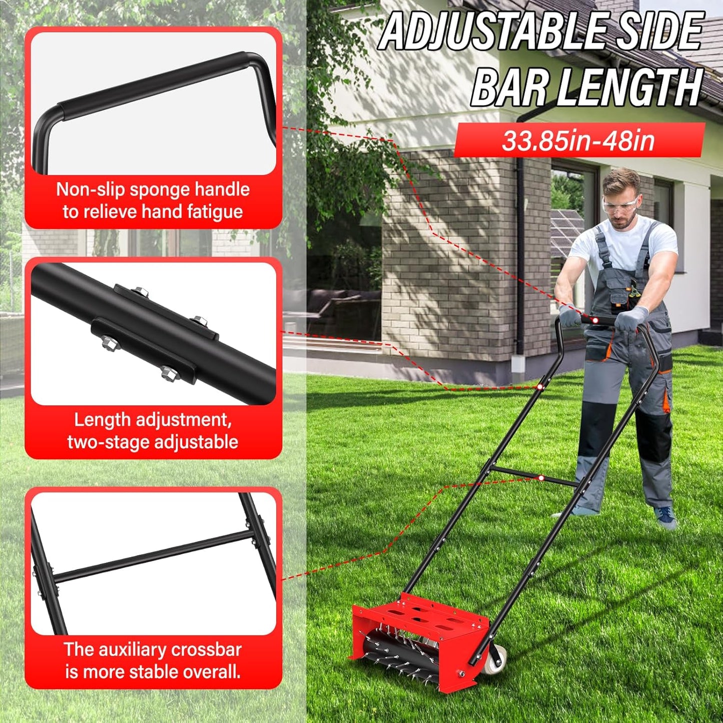 VASALAID Manual Push Spike Rolling Lawn Aerator, Pre-Attached Spike Grass Rolling Aerators Tool with Wheels for Lawns, Garden, and Yard Grass
