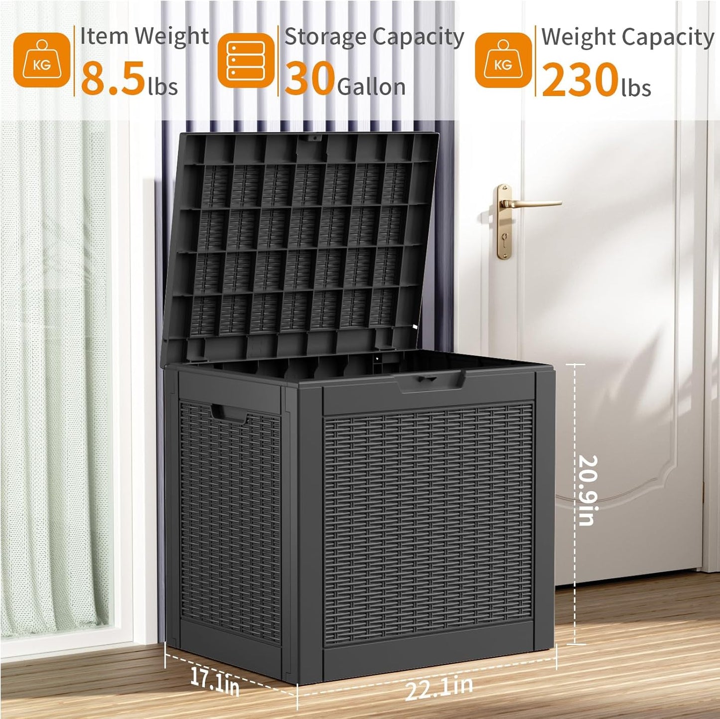 30 Gallon Resin Deck Box, Lockable Patio Outdoor Storage Box for Furniture, Garden Tools and Tools Storage, Waterproof Outside Storage Boxes - Black