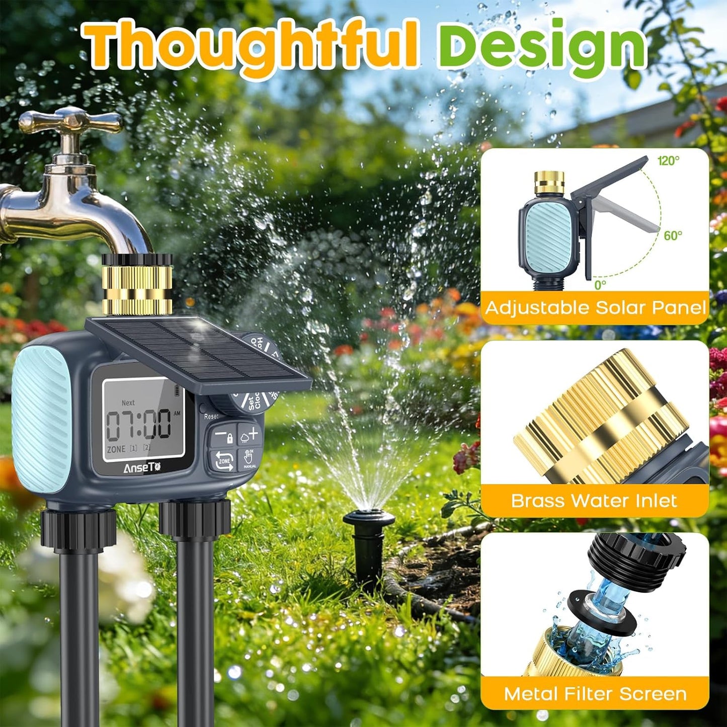 Solar Sprinkler Timer,Brass Inlet Hose Timer for Garden Hose,Programmable Water Timers,Plant Watering Devices,Garden Watering System, Rain Delay/Manual/Automatic Irrigation System, 2 Outlet