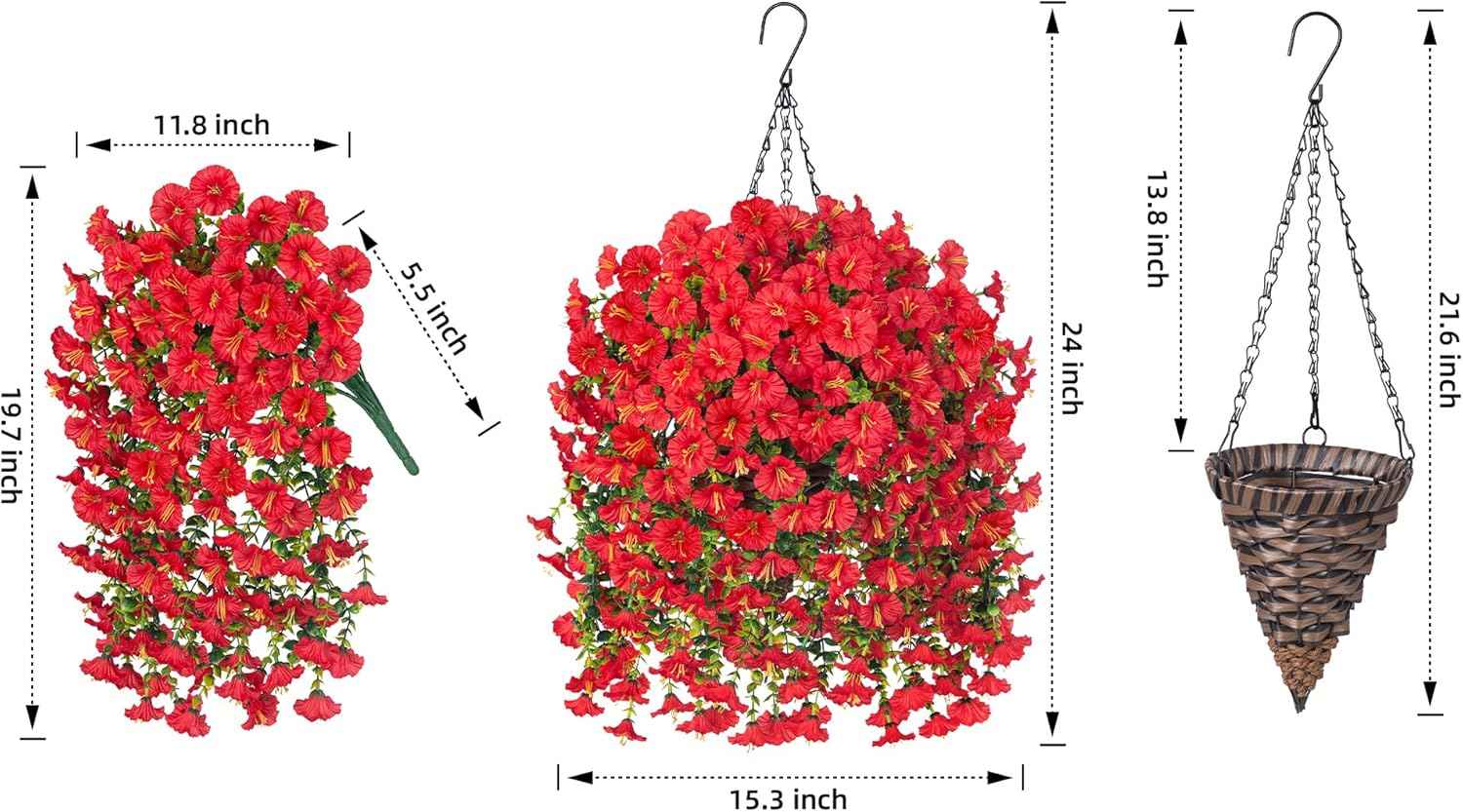 Artificial Hanging Flowers with Basket Outdoors Fake Flowers Plants for Winter Christmas Decor,3PCS Faux Red Silk Morning Glory Flower with Eucalyptus Realistic Vines for Home Porch Patio Balcony Yard