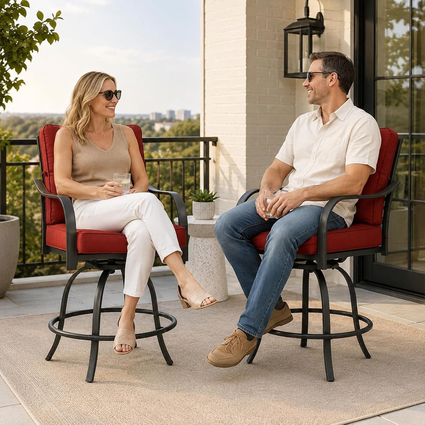 Kozyard Isabella Outdoor Swivel Bar Chairs Set of 2, Counter Height Patio Bar Stools with Cushioned Seats, Weather-Resistant Metal Bistro Chairs for Backyard Dining Burgundy