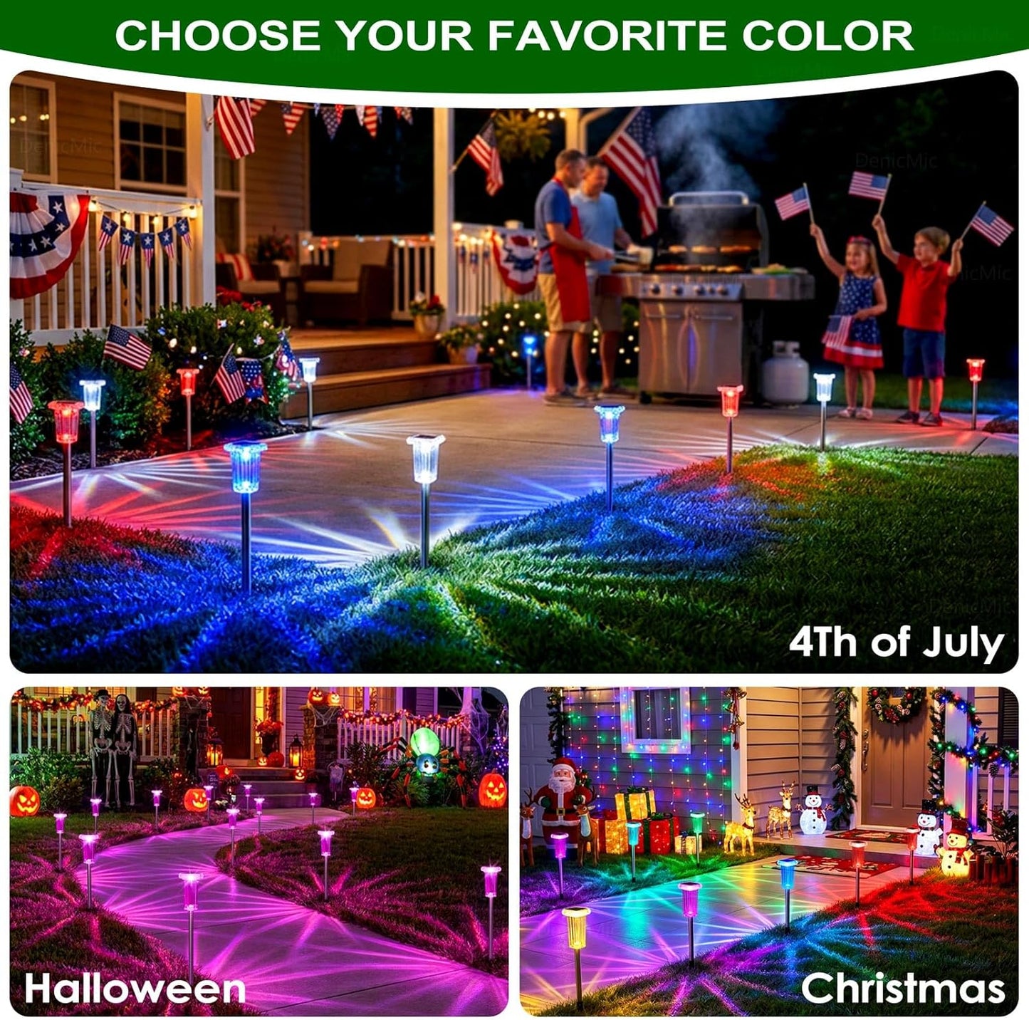 DenicMic Solar Lights Outdoor 4 Pack LED Waterproof Outside Pathway Lights for Yard Garden Walkway Driveway Landscape Path Lighting, Bright LED 3000K/4000K/6000K/6 Fixed Colors/Color Changing