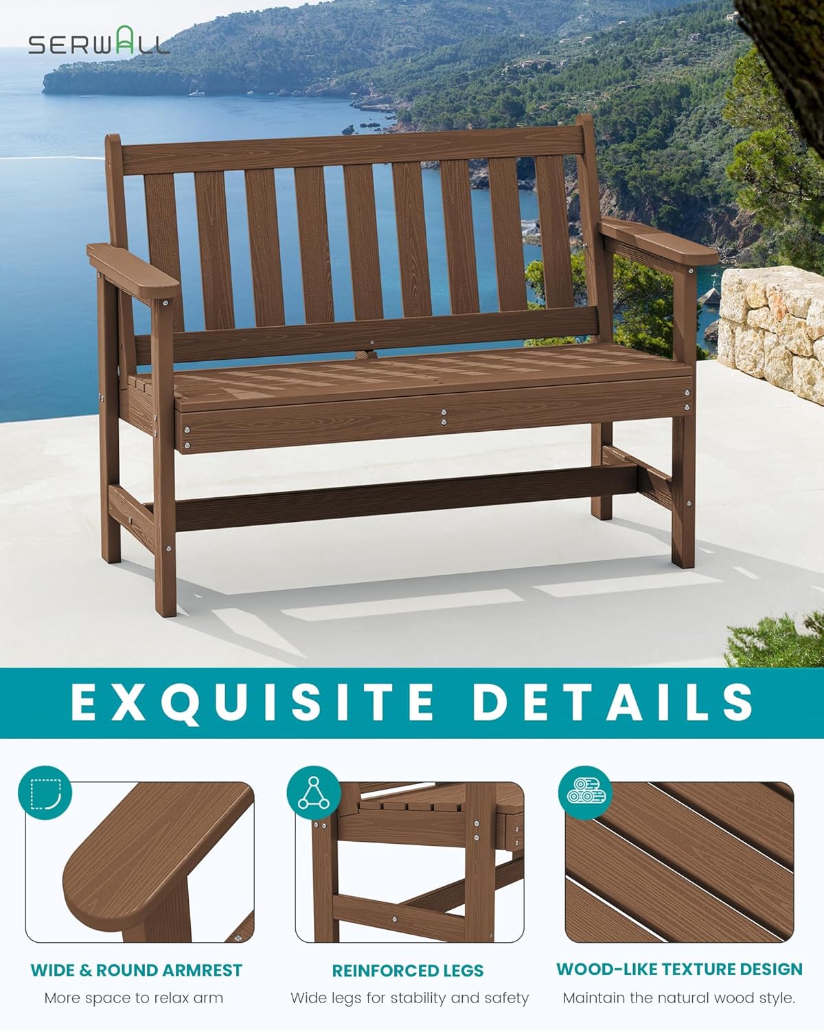 SERWALL Outdoor Bench, HDPE Outdoor Benches Weatherproof, 2-Person Garden Bench with 660 lbs Weight Capacity, Patio Benches for Outdoors, Garden, Porch, Backyard and Park, Brown