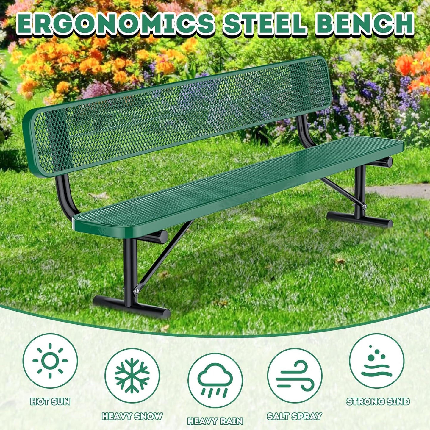 Thermoplastic Coated Iron Park Bench for Outside, Heavy Duty Metal Garden Bench, Expanded Commercial Grade Seating for Shopping Malls, Lawn Yard Porch Entryway (Green with Backrest, 96IN)