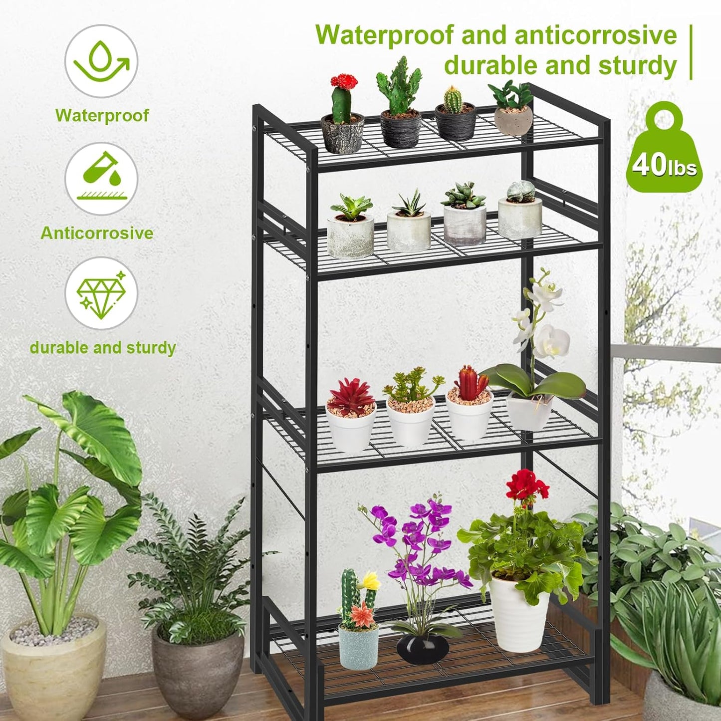 4 Tier Metal Plant Stand Indoor Outdoor, Ladder Flower Pot Holder Plant Stands, Stackable Heavy Duty Tall Plant Shelf Flower Pot Holder for Garden, Display Rack