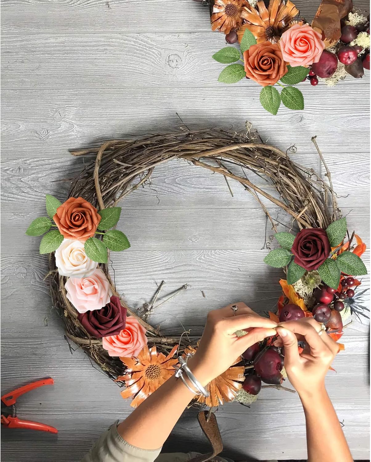 AmyHomie Artificial Flower Shades of Burgundy Rose 25pcs Real Looking Fake Roses w/Stem for DIY Wedding Bouquets Centerpieces Arrangements Party Baby Shower Home Decorations