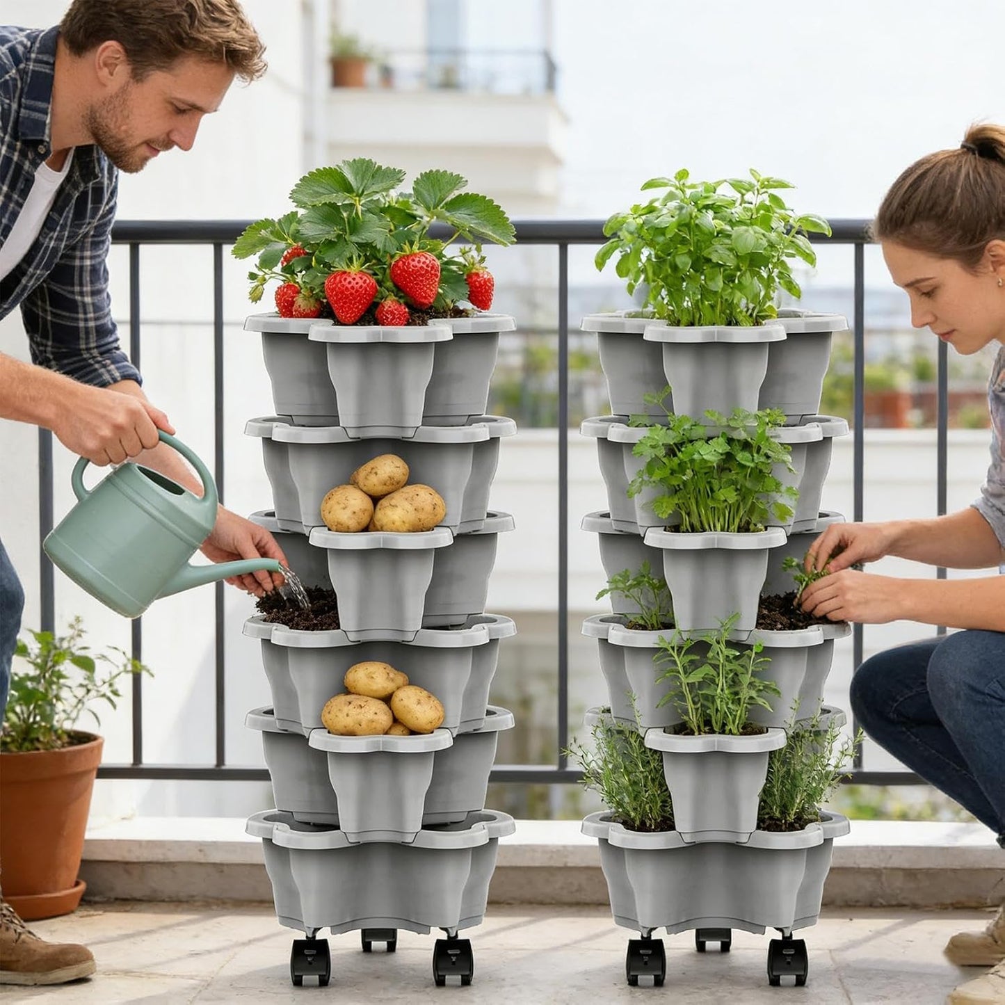 Vertical Planter Tower - 6 Tier Stackable Garden Planters with Wheels for Strawberry Flower and Vegetable Indoor Outdoor Use Gray