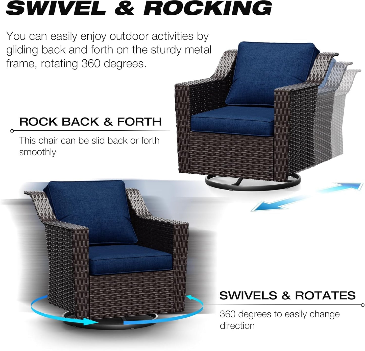 Joyside Wicker Patio Furniture Sets, 6 Pieces Upgraded Large Size Outdoor Furniture with Swivel Rocking Patio Chairs, Outdoor Ottoman, 3-Seat Sofa and Side Table, Thick Cushions, Wide Armrest