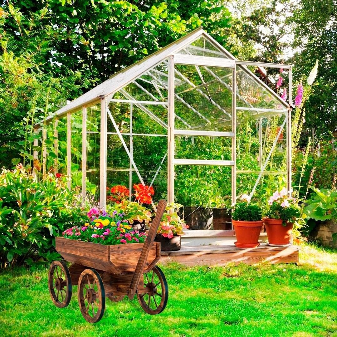 Wood Wagon Planter for Outdoor Balcony Decor - Garden Rustic Wooden Flower Cart with Wheels for Outside - Decorative Indoor - Wheelbarrow Planter for Patio -Reinforced Wheel