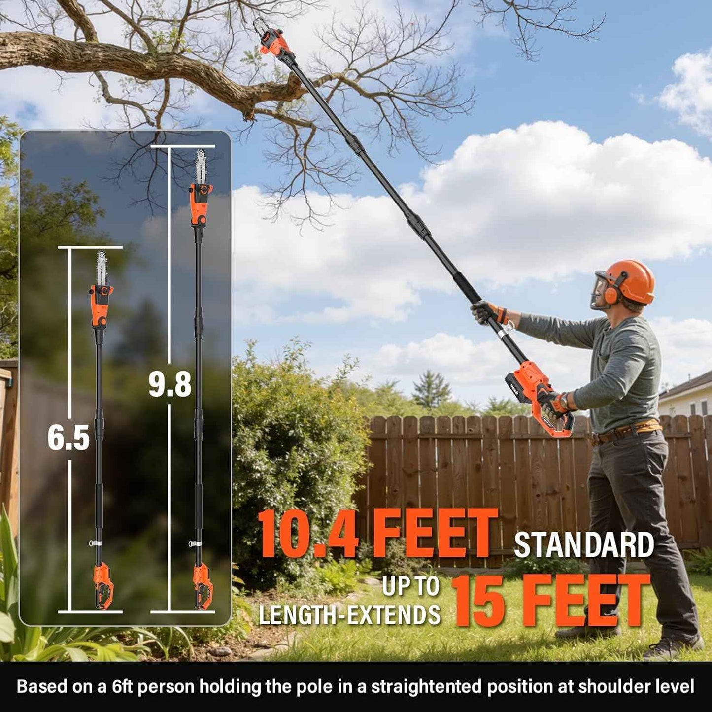 8 Inch Cordless Pole Saws, 20V Electric Pole Saw for Tree Trimming with 2 x 3.0Ah Battery & Charger, 16ft/s Cutting Speed Auto Oiling Multi-Angle Pole Chainsaw,15-Feet Maximum Adjustable Reach