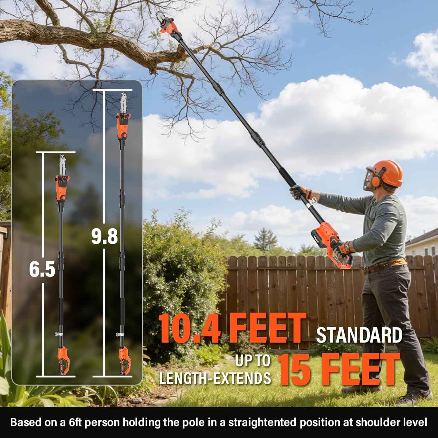 8 Inch Cordless Pole Saws, 20V Electric Pole Saw for Tree Trimming with 2 x 3.0Ah Battery & Charger, 16ft/s Cutting Speed Auto Oiling Multi-Angle Pole Chainsaw,15-Feet Maximum Adjustable Reach
