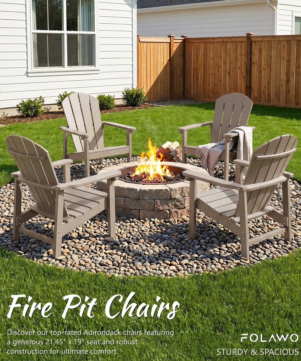 Adirondack Chair Set of 4, All Weather HDPE Fire Pit Chairs, Oversized Plastic Adirondack Chair for Outdoor, Balcony, Deck, Backyard, Patio, Garden, Poolside, Lawn Brown