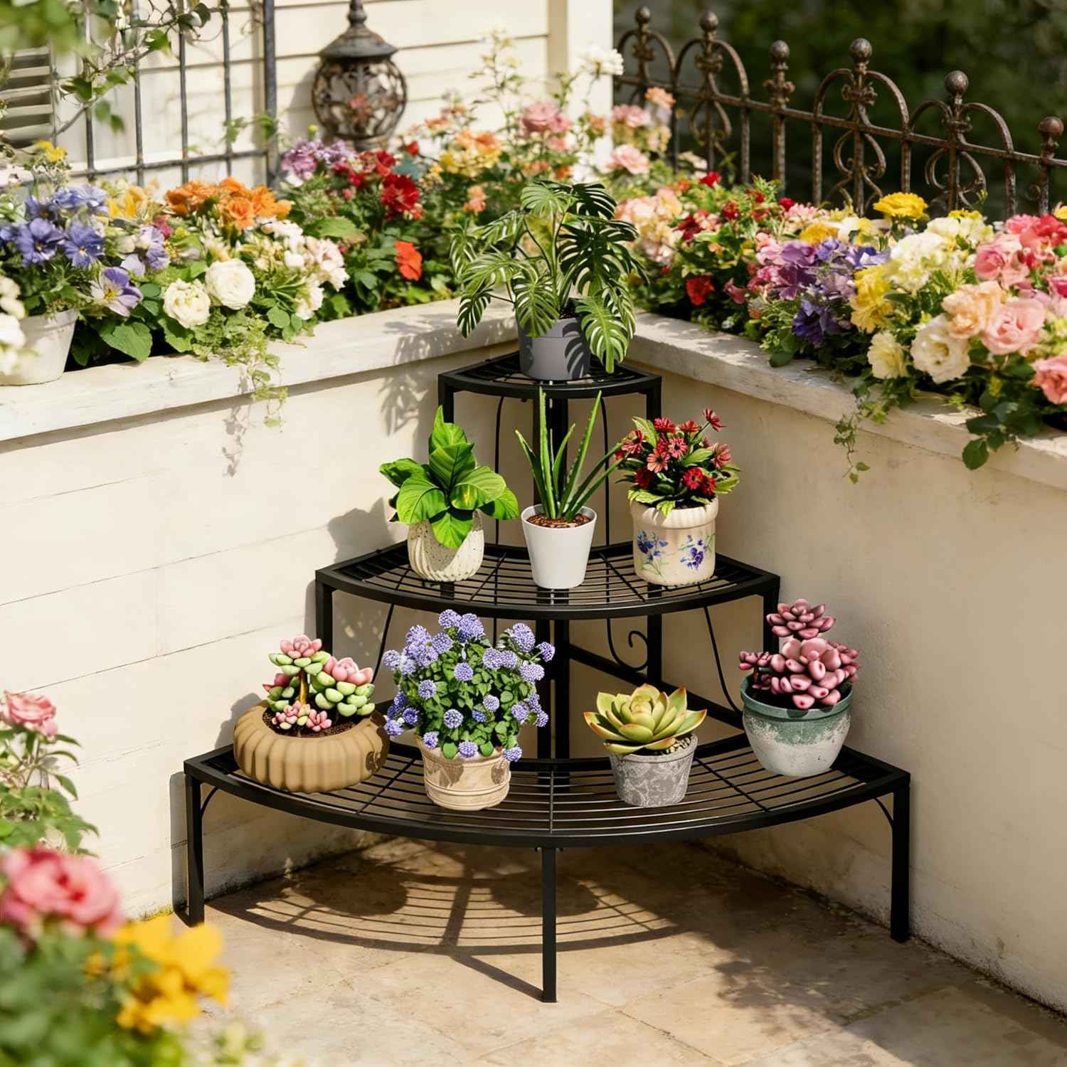 Plant Pot Stand Shelf, 3 Tier Flower Quarter Display Rack, Metal Succulent Plants Storage Holder for Outdoor and Indoor, Black