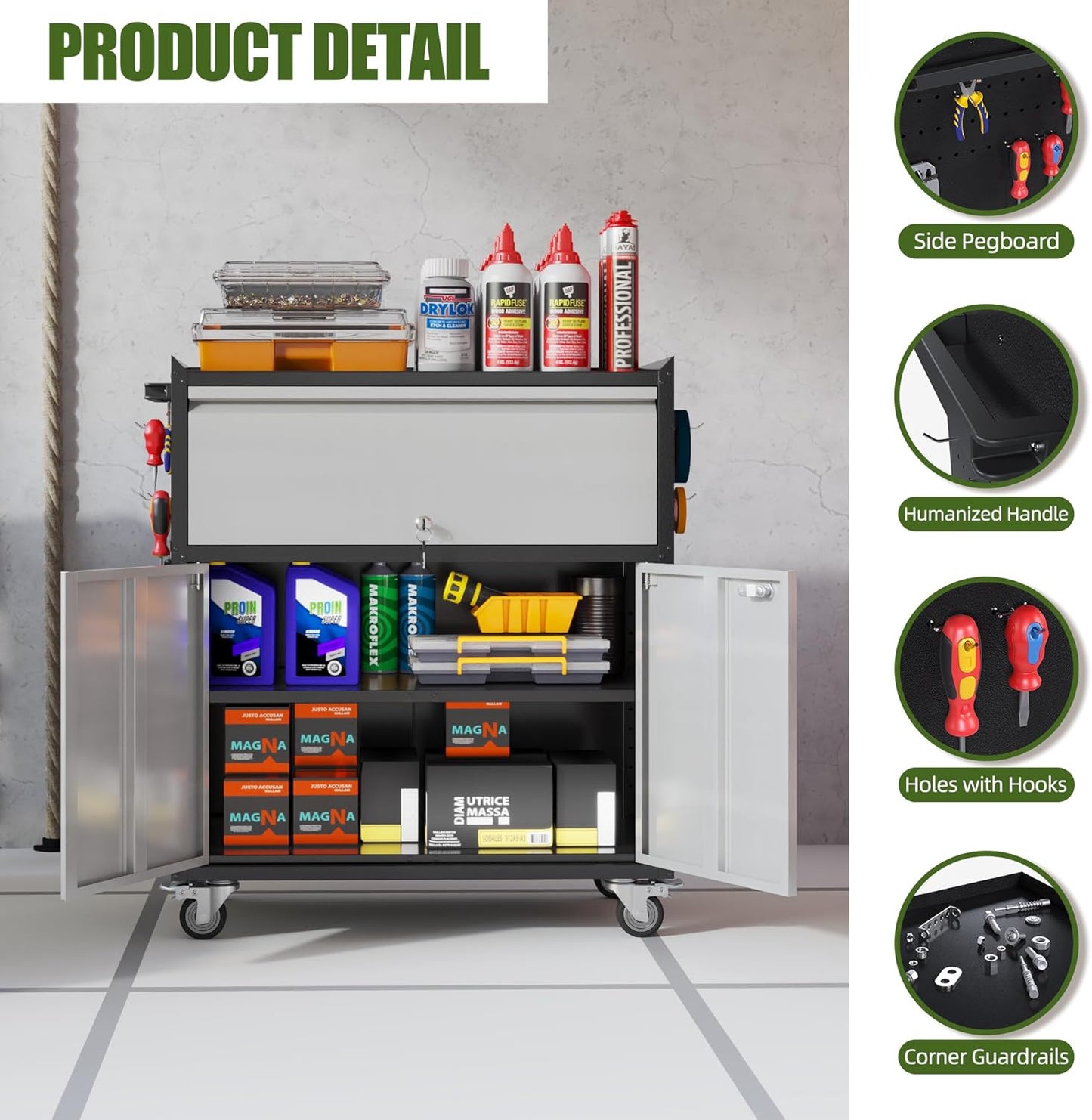 Metal Storage Cabinet on Wheels with 1 Drawer, Rolling Steel Garage Tools Cabinet with Side Pegboard &4 Hooks & 1 Adjustable Shelf for Garage,Shop,Home,Gray/Black, Assembly Required