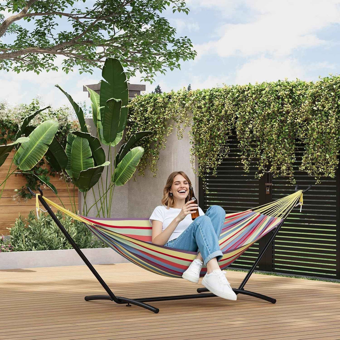 Double Hammock with Steel Stand, Outdoor Portable Hammocks Accommodates with 450Lb Capacity 2 People& Portable Carry Bag for Outside Camping Garden Yard,Yellow