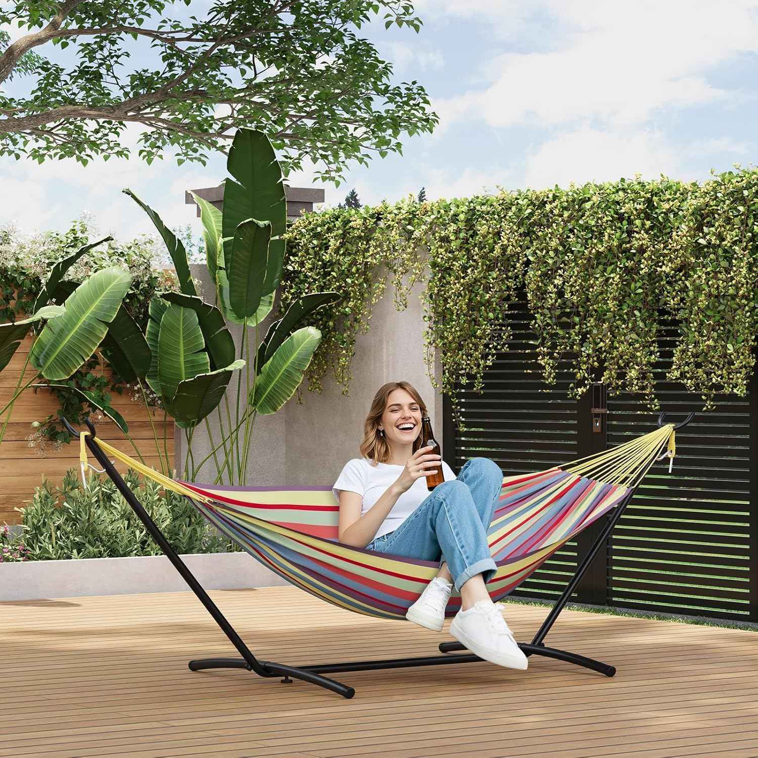 Double Hammock with Steel Stand, Outdoor Portable Hammocks Accommodates with 450Lb Capacity 2 People& Portable Carry Bag for Outside Camping Garden Yard,Yellow