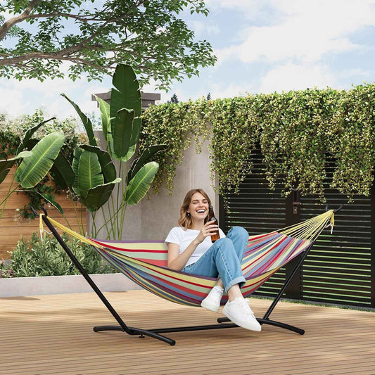 Double Hammock with Steel Stand, Outdoor Portable Hammocks Accommodates with 450Lb Capacity 2 People& Portable Carry Bag for Outside Camping Garden Yard,Yellow