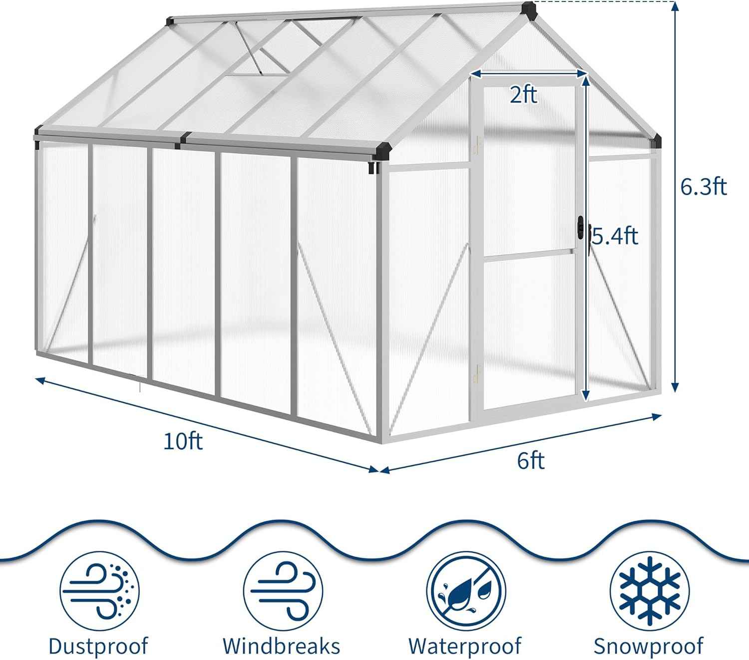 Garvee 6 x 10 FT Greenhouse, Greenhouses for Outside, Polycarbonate Greenhouse with Aluminum Frame, Lockable Door and Ajustable Roof Vent for Backyard, Green Houses for Outside Garden Backyard, Patio