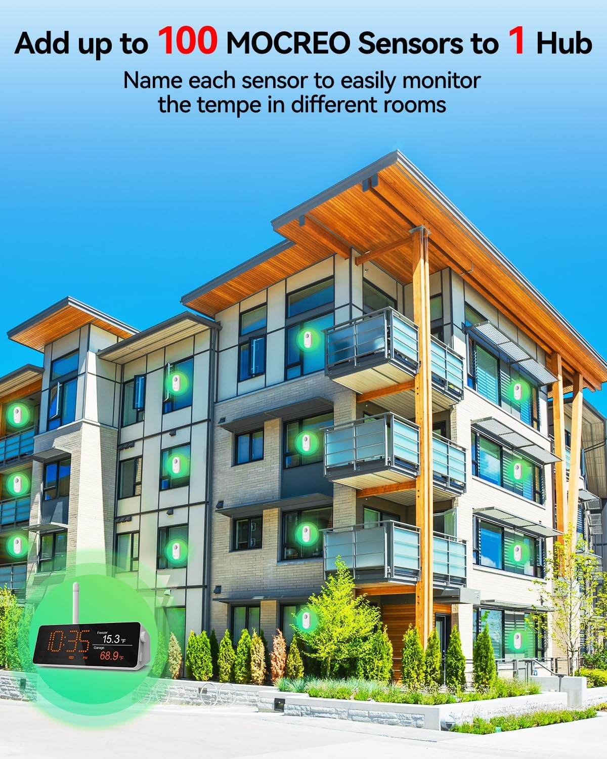 WiFi Remote Refrigerator Thermometer, 1/3 Mile Long Range Freezer Alarm, IP66 Waterproof, App Email Alert, with Digital Monitor Hub, 1 Smart Wireless Temperature Sensor for Kitchen, Fridge, RV