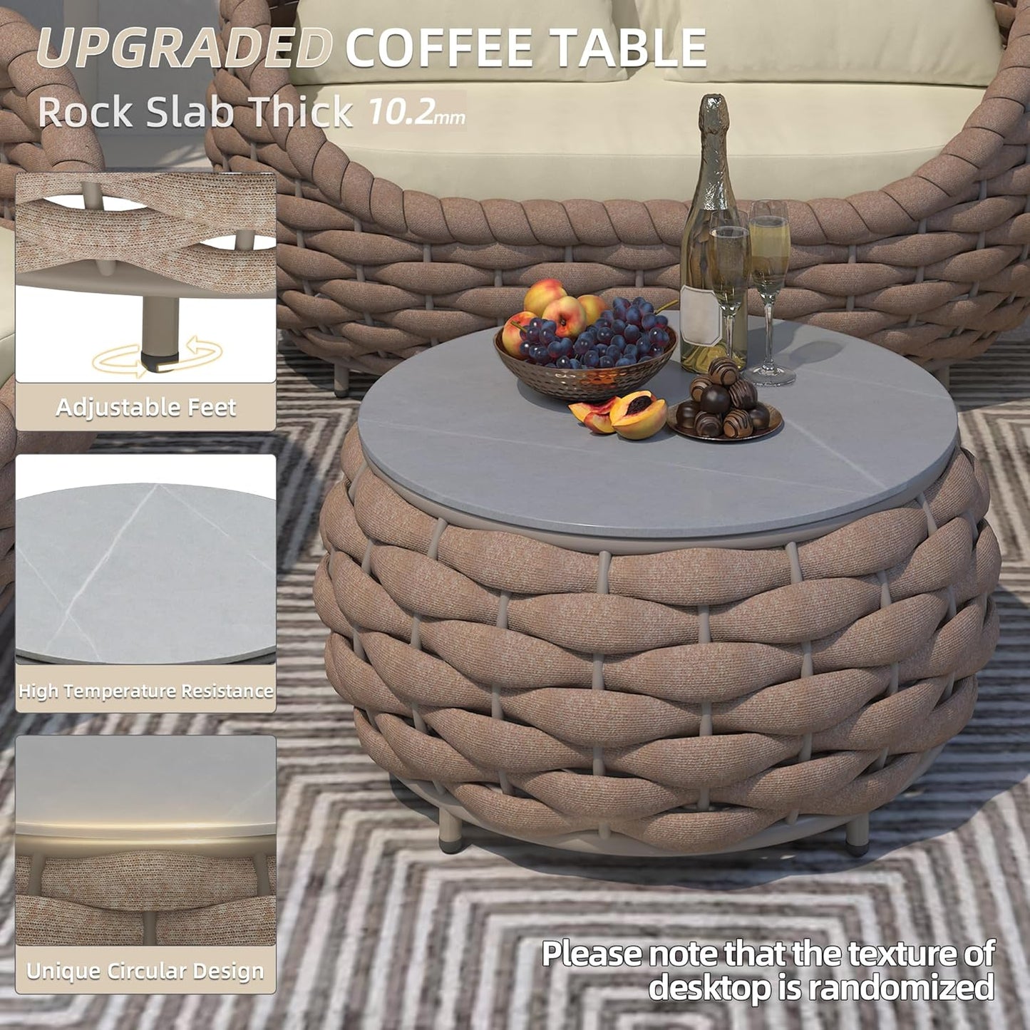 5 Pieces Patio Furniture Set, Outdoor Rope Conversation Sectional Patio Sofa with 5 Seater for Backyard, Porch, Modern Armchairs with Thickness Cushions and Side Table, Light Brown