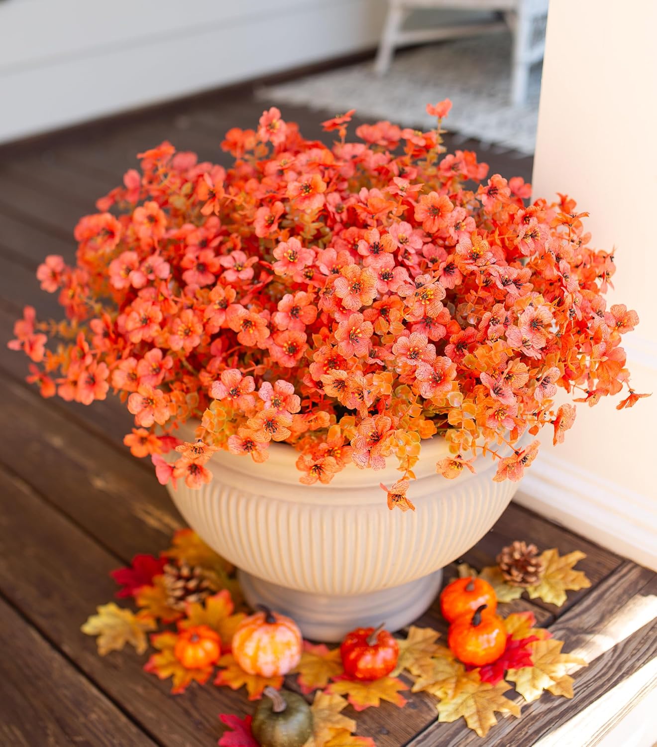 Artificial Fall Flowers Faux Mums for Outdoor Indoor Garden Home Decoration, Faux Flower Daisy with Eucalyptus Leaves Fake Mums Plants Greenery Boxwood Porch Patio, 12 Bundles (F Orange)