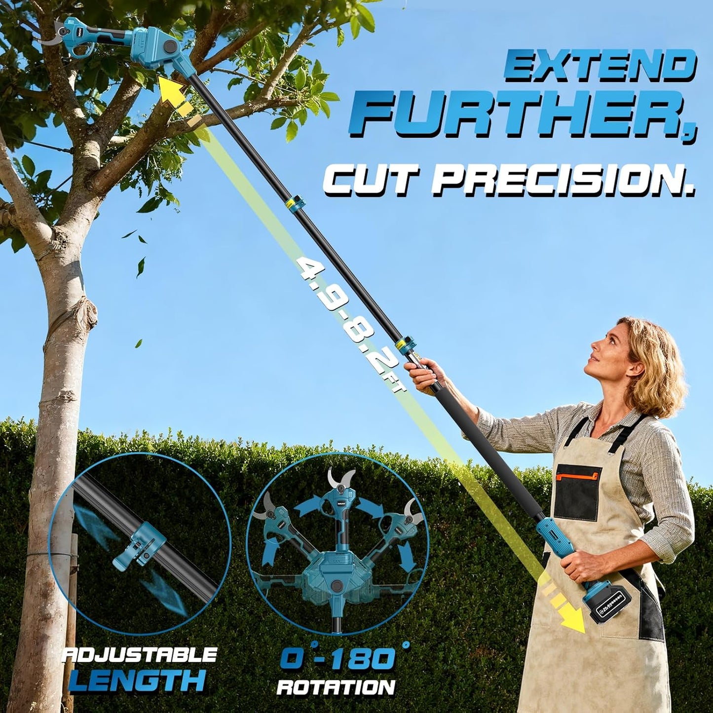 Takuoo Cordless Electric Pruning Shears with Pole, 2.4" Max Cutting Diameter 14.7FT Reach, Brushless Pole Pruning Shears with 21V 2×4.0Ah Battery, Power Pole Tree Pruner for Branch Trimming