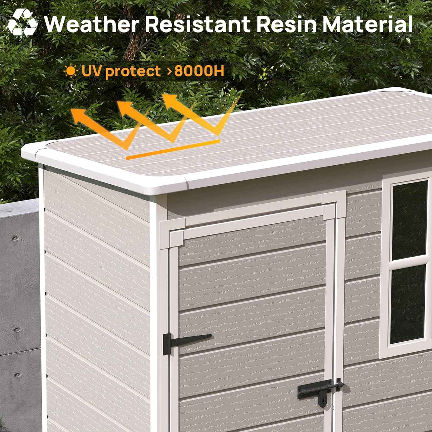 Resin Outdoor Storage Shed with Floor, 5x3FT Plastic Garden Shed, Lockable Door & Window, Waterproof Tool Shed for Bike, Garbage Can, Lawn Mower, Patio Furniture Bedge