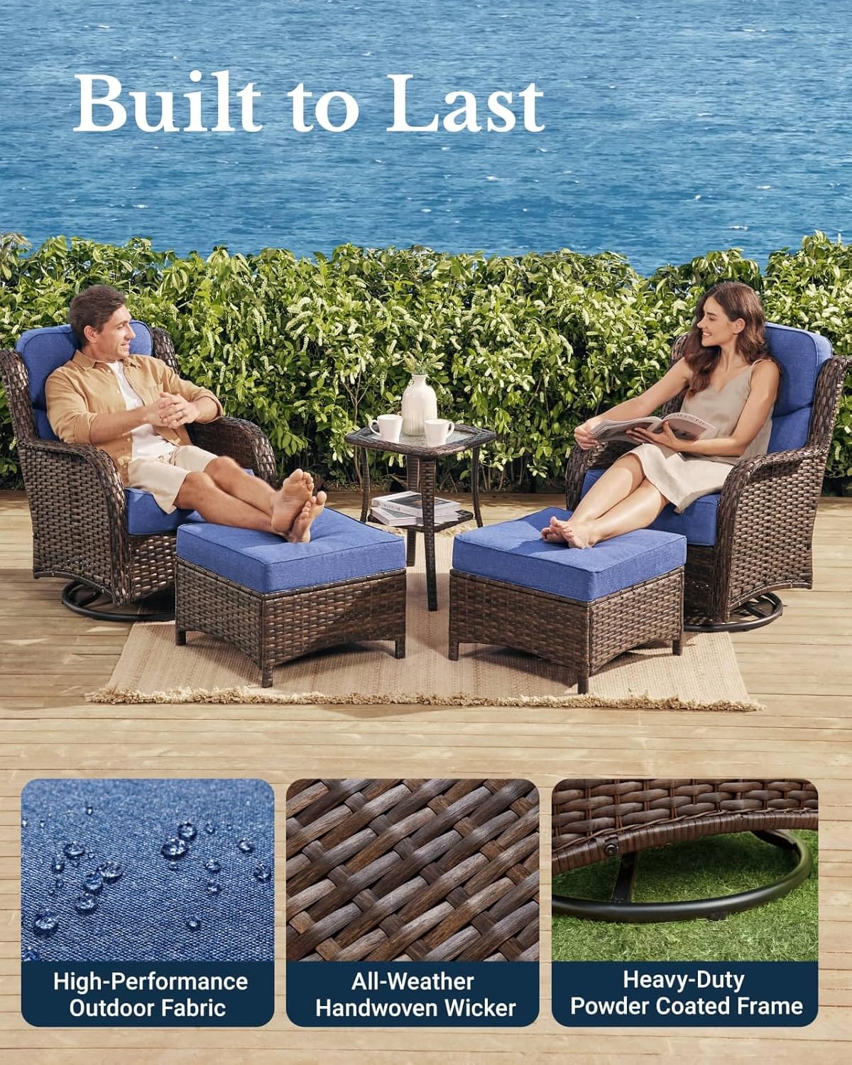 HILLGA Luxury Outdoor Swivel Rocker Patio Chairs of 2 with 6 Inch Thick Cushions and Side Table, Swivel Outdoor Chairs 5PCS High Back Wicker Patio Furniture Set for Porch, Balcony, Deck in Blue