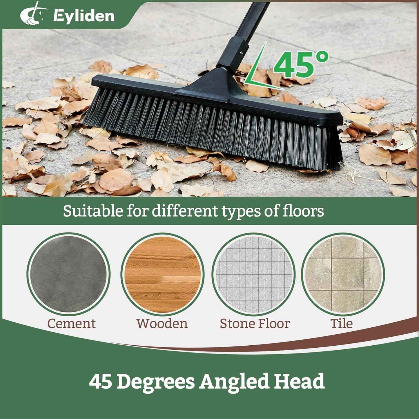 Eyliden 18" Push Broom for Deck Driveway Patio Garage | Heavy-Duty Stiff Bristles with 66" Adjustable Handle | Black