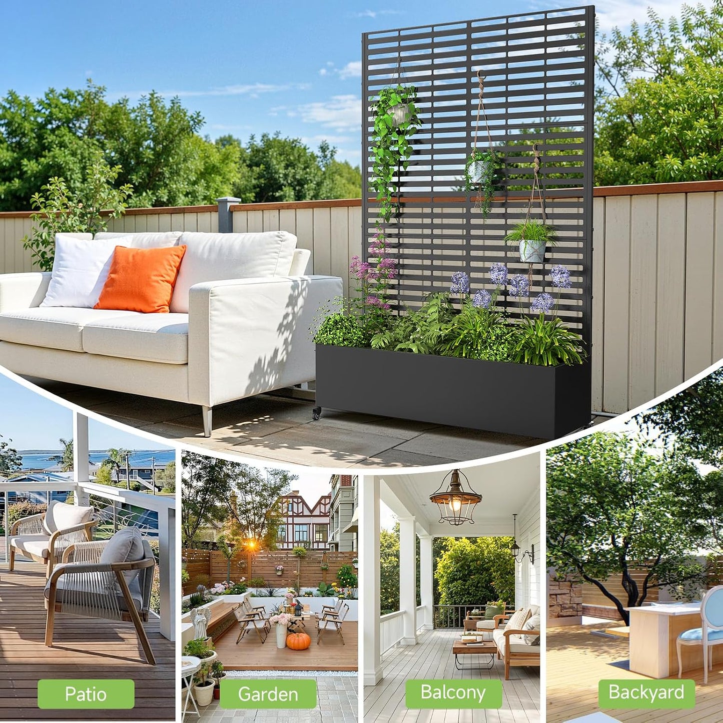 Metal Raised Garden Bed with Trellis and Wheels, 73" x 47" x 16" Planter Box with Trellis with Drainage Holes, Privacy Planters for Patio with Privacy Screen for Climbing Plants Flower Vegetables