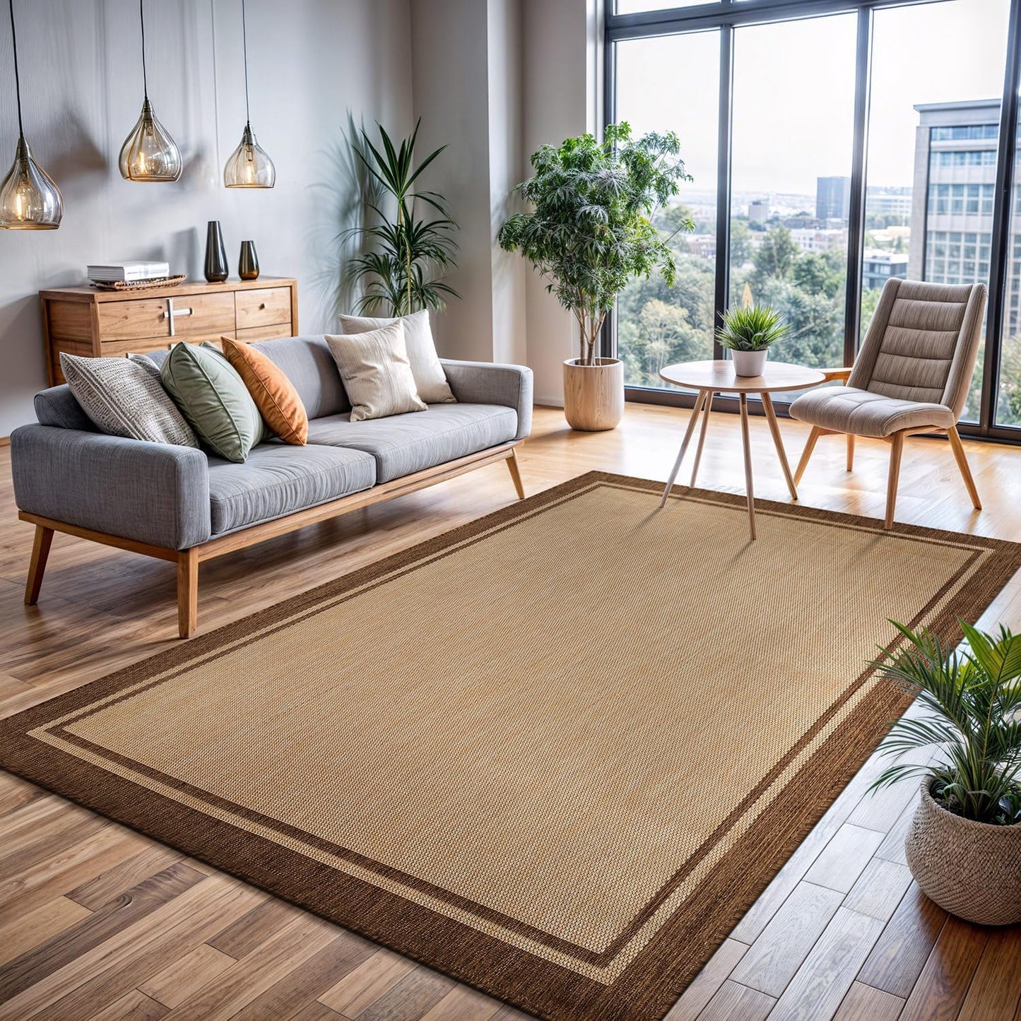 CAMILSON Outdoor Rug 9x12 Bordered Natural Brown Modern Area Rugs for Indoor and Outdoor Patios, Kitchen and Hallway Mats, Washable Porch Deck Outside Carpet (Border Jute, 9 x 12)