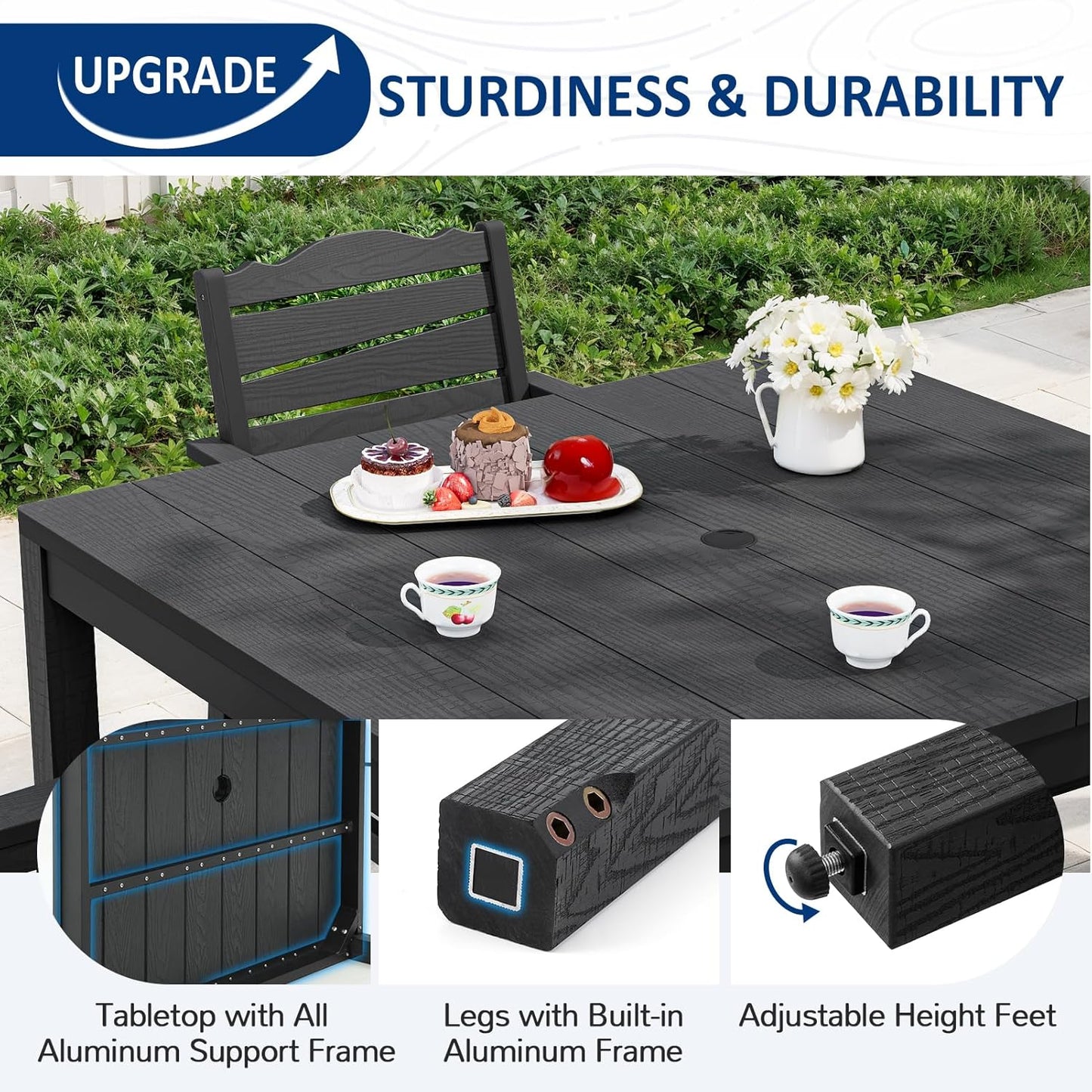 Outdoor Dining Table, Weatherproof 34" Square HIPS Patio Dining Table for 4, with 2" Umbrella Hole, Outdoor Table for Backyard Deck Poolside, Black
