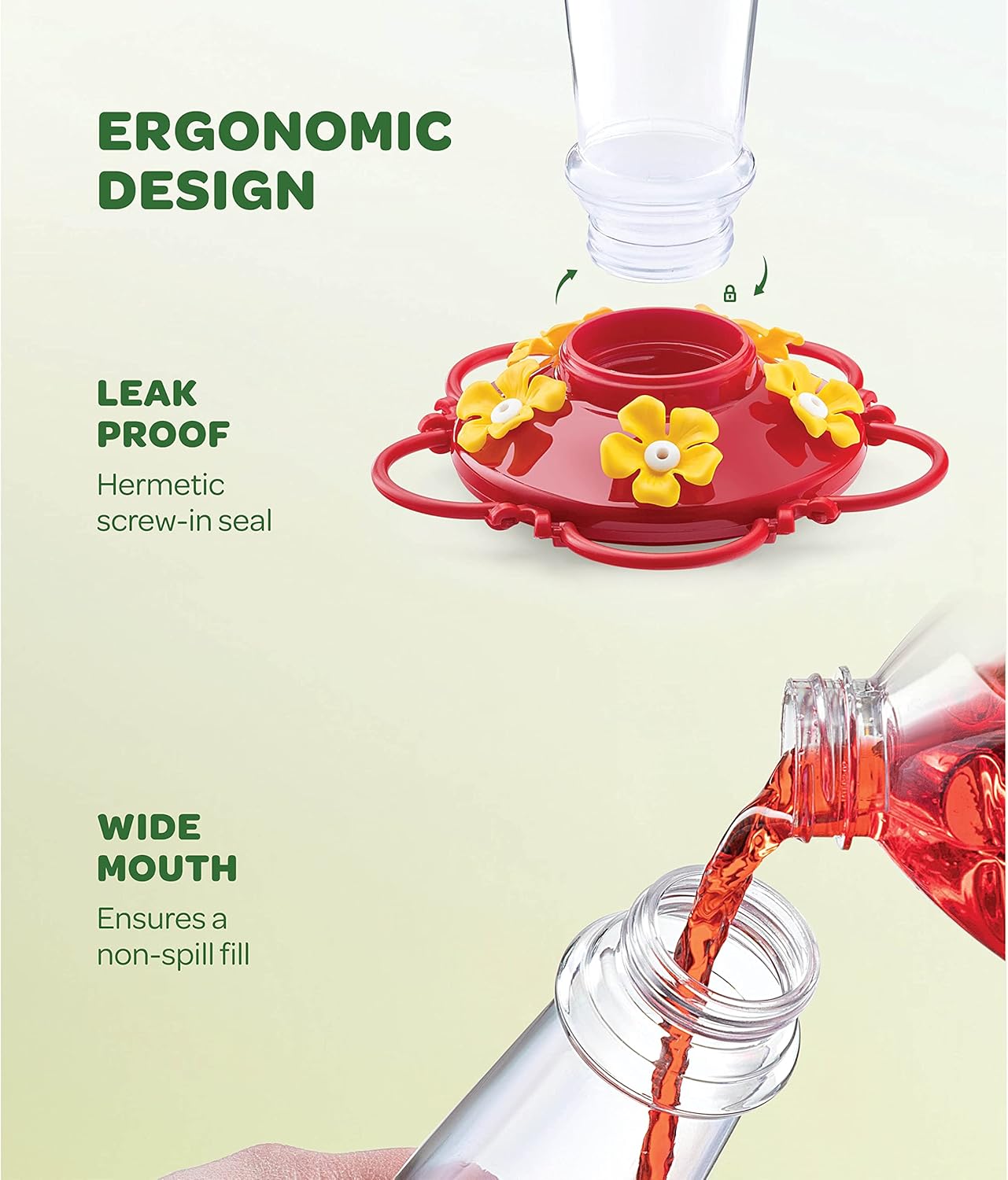 Hummingbird Feeder 10 oz [Set of 2] Plastic Feeders for Outdoors, with Built-in Ant Guard - Circular Perch with 5 Feeding Ports - Wide Mouth for Easy Filling/2 Part Base for Easy Cleaning