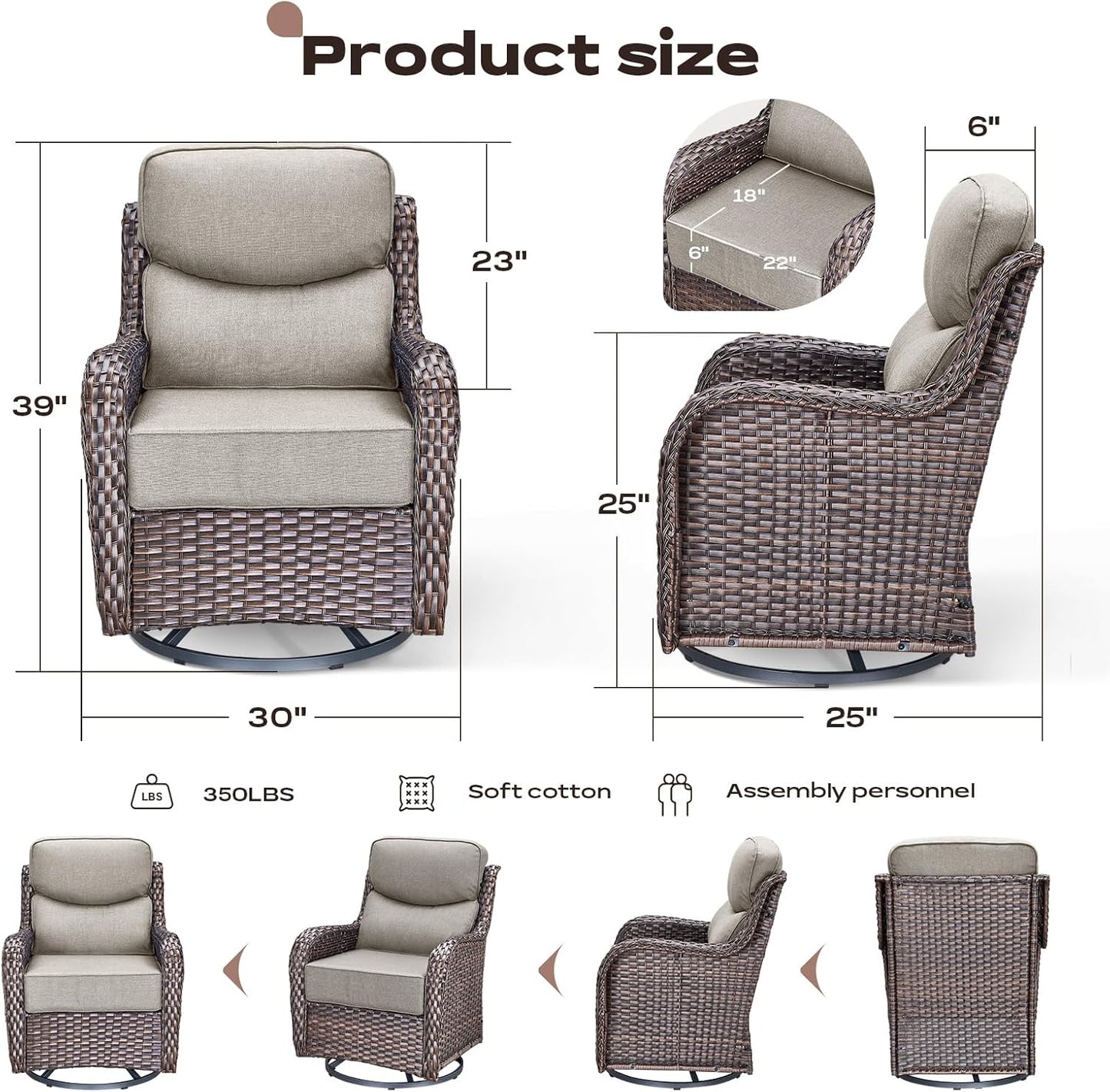 6 Piece Outdoor Patio Swivel Rocker Chairs, Waterproof Wicker, High Back, Deep Seating, Wide Armrest, Upgraded 6 inch Thick Cushions, Side Table, Ideal for Deck Porch Yard, Brown/Beige