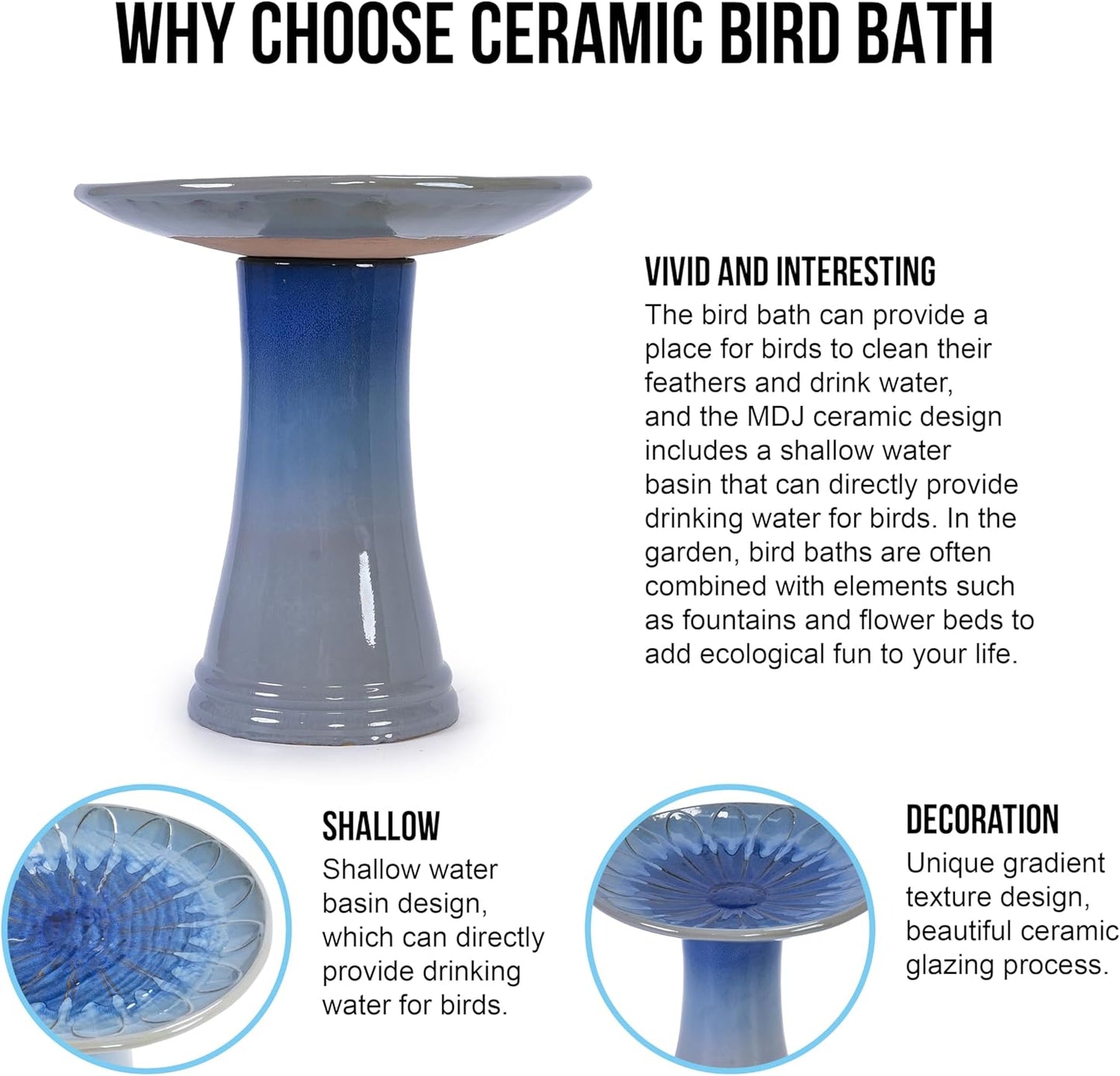 Ceramic Bird Bath for Outside, 16.93 Inch Pedestal Bird Bath Bowls, Blue + Grey Glazed Birdbaths with Floral Embossed Design, Perfect for Outdoors, Garden, Patio, Yard, 18.11 Inch Tall