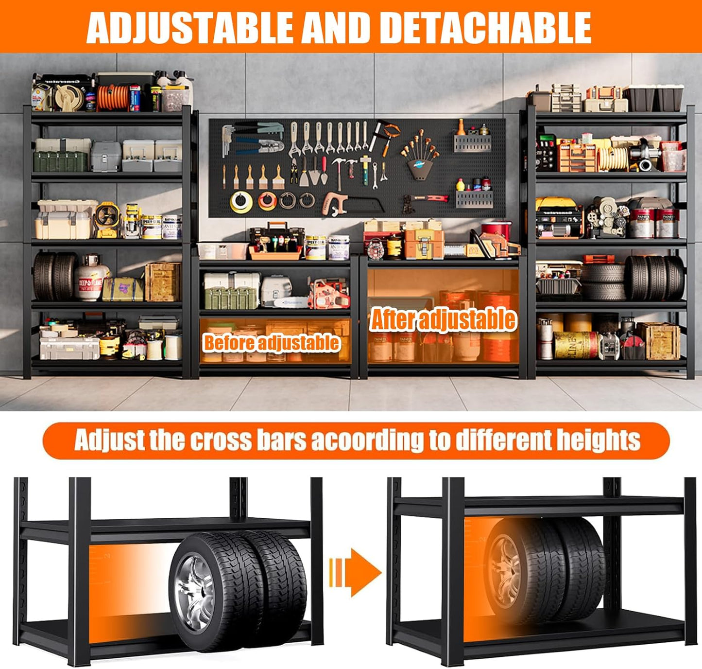 Garage Shelving Heavy Duty Storage Shelves 3000LBS 6-Tier Adjustable Metal Shelving Units Garage Storage Shelves for Warehouse, Industrial, Basement, Commercial, 78"H × 45"W × 19.6"D, Black
