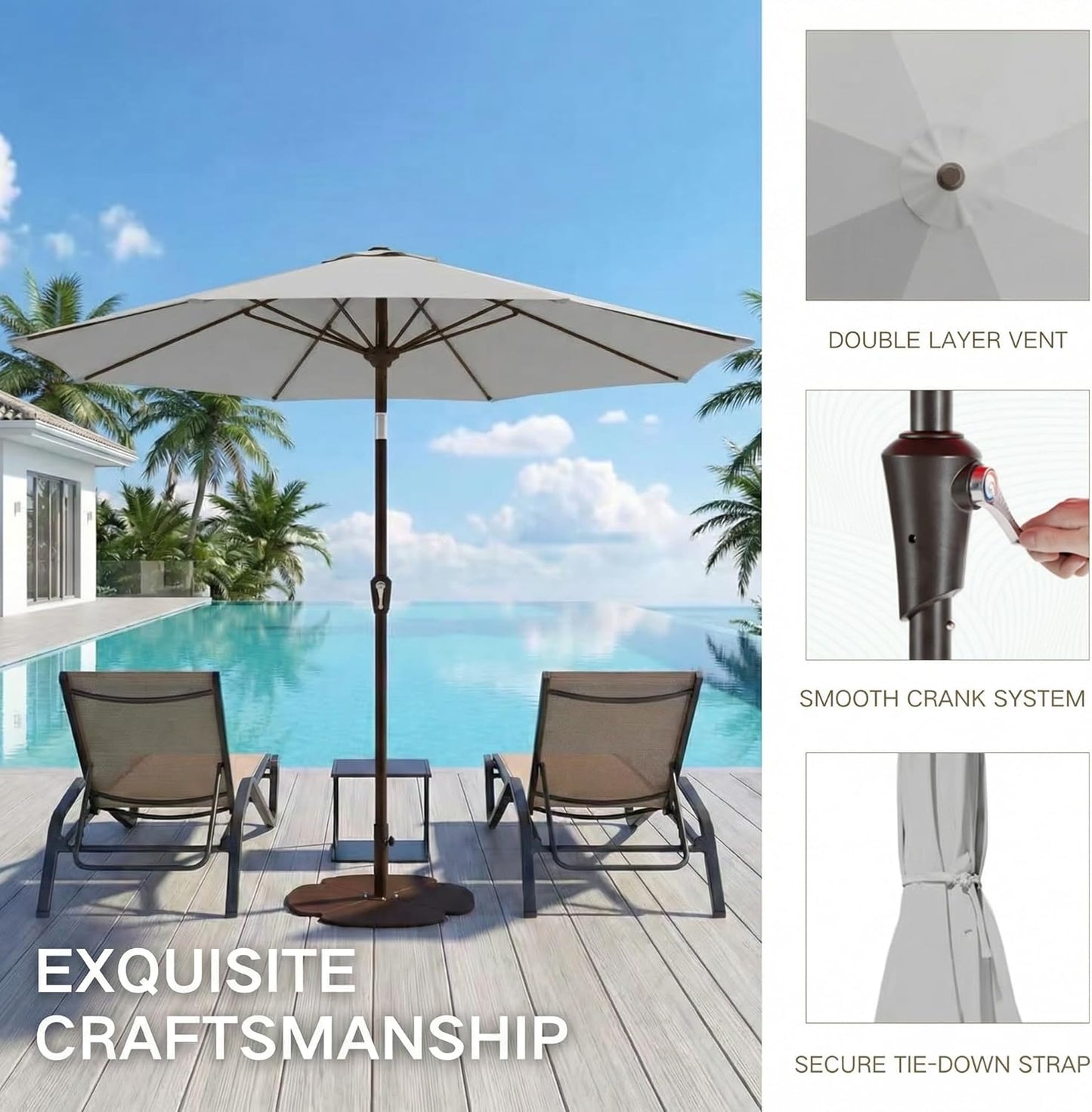 Kingdura 10FT Outdoor Patio Umbrella, Market Table Umbrella with Push Button Tilt and Crank, 8 Sturdy Fiberglass Ribs, UV Protection for Pool, Lawn, Deck, Backyard, Garden (Light grey)
