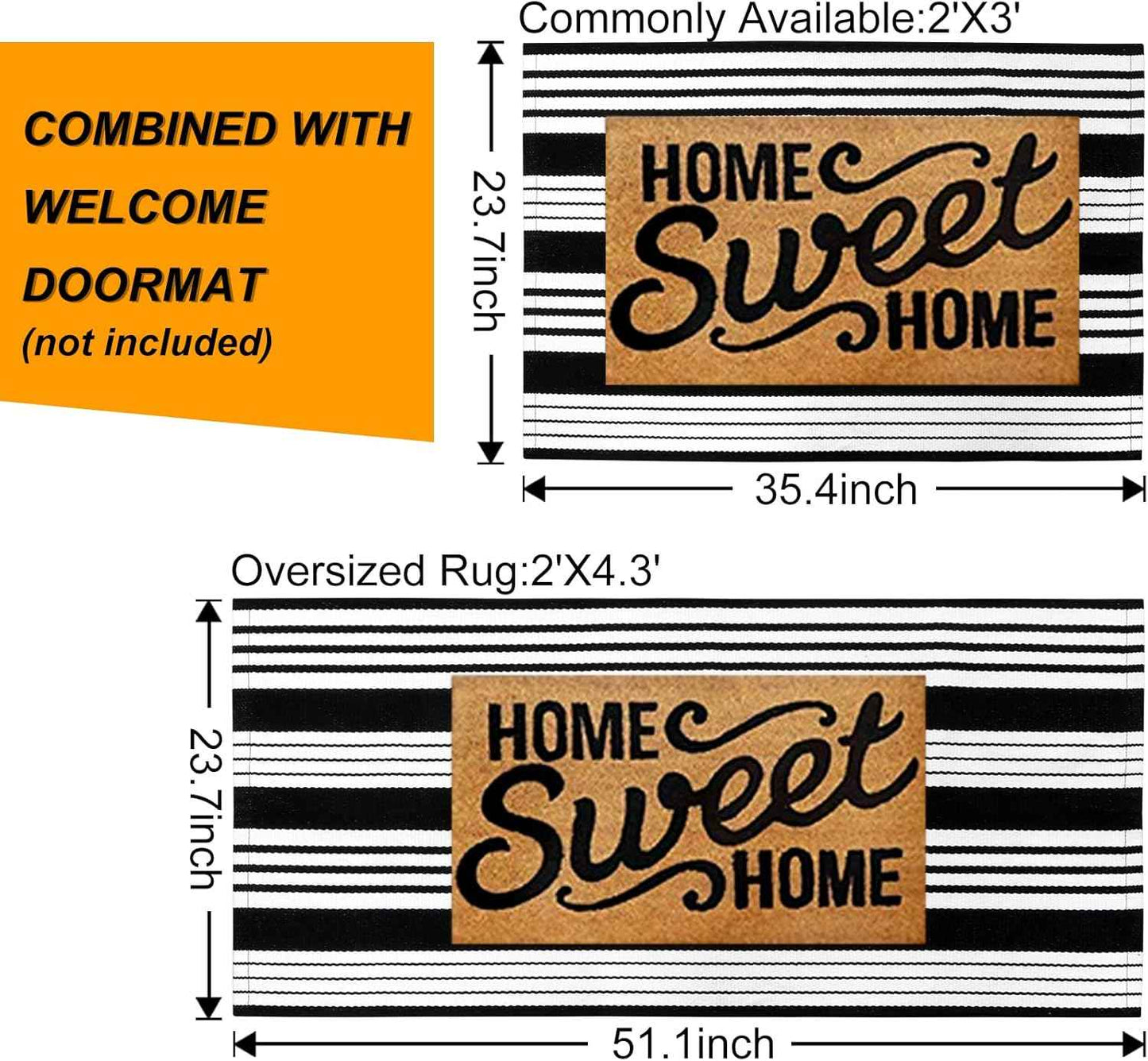 Black and White Striped Outdoor Rug, 2’ x 4.3’ Cotton Hand-Woven Reversible Front Porch Rug Washable Front Door Mat Entryway Rugs Welcome Layered Doormat Carpet for Patio Farmhouse Kitchen