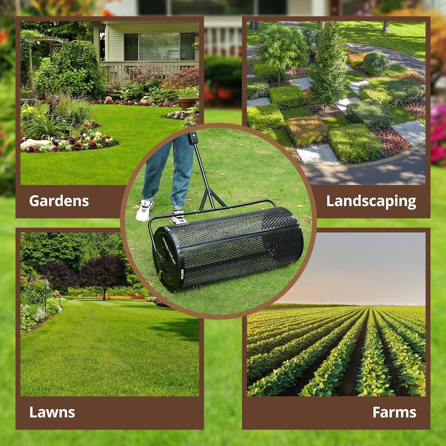 Compost Spreader 36 Inch Towable Peat Moss Spreader with Installation Support Accessories, Black Metal Mesh Roller Lawn Spreader for Top Soil, Manure, Mulch, Top Dressing - Garden spreaders for lawns
