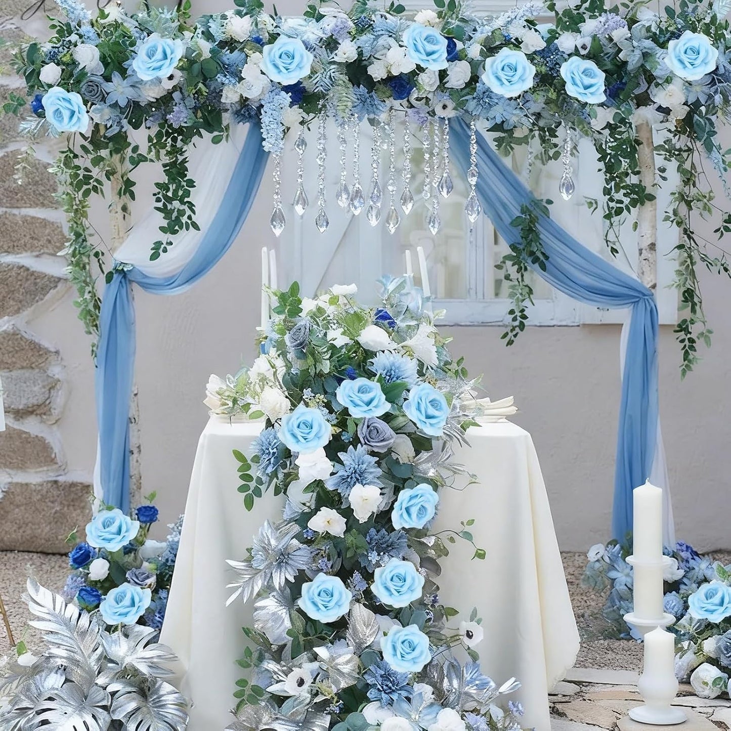 25PCS Rose Artificial Flower Heads 7 CM 2.75 in Velvet Rose Flowers Real Look Rose Flower Heads for DIY Wedding Home Party Baby Shower Decor (Light Blue)