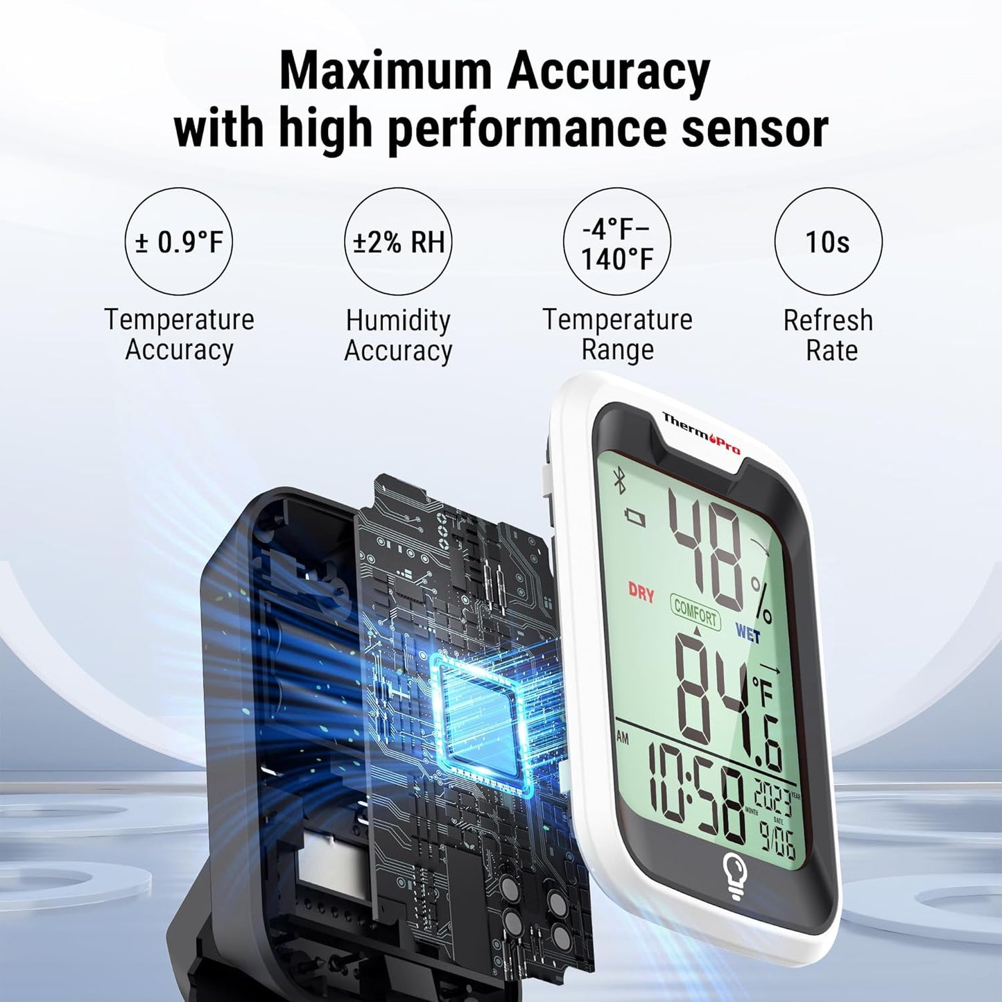 ThermoPro TP358 Bluetooth Thermometer for Room Temperature with Built-in Clock, Smart Temperature Sensor and Humidity Meter with Backlit, 260Ft Hygrometer Indoor Thermometer with Data Storage Export
