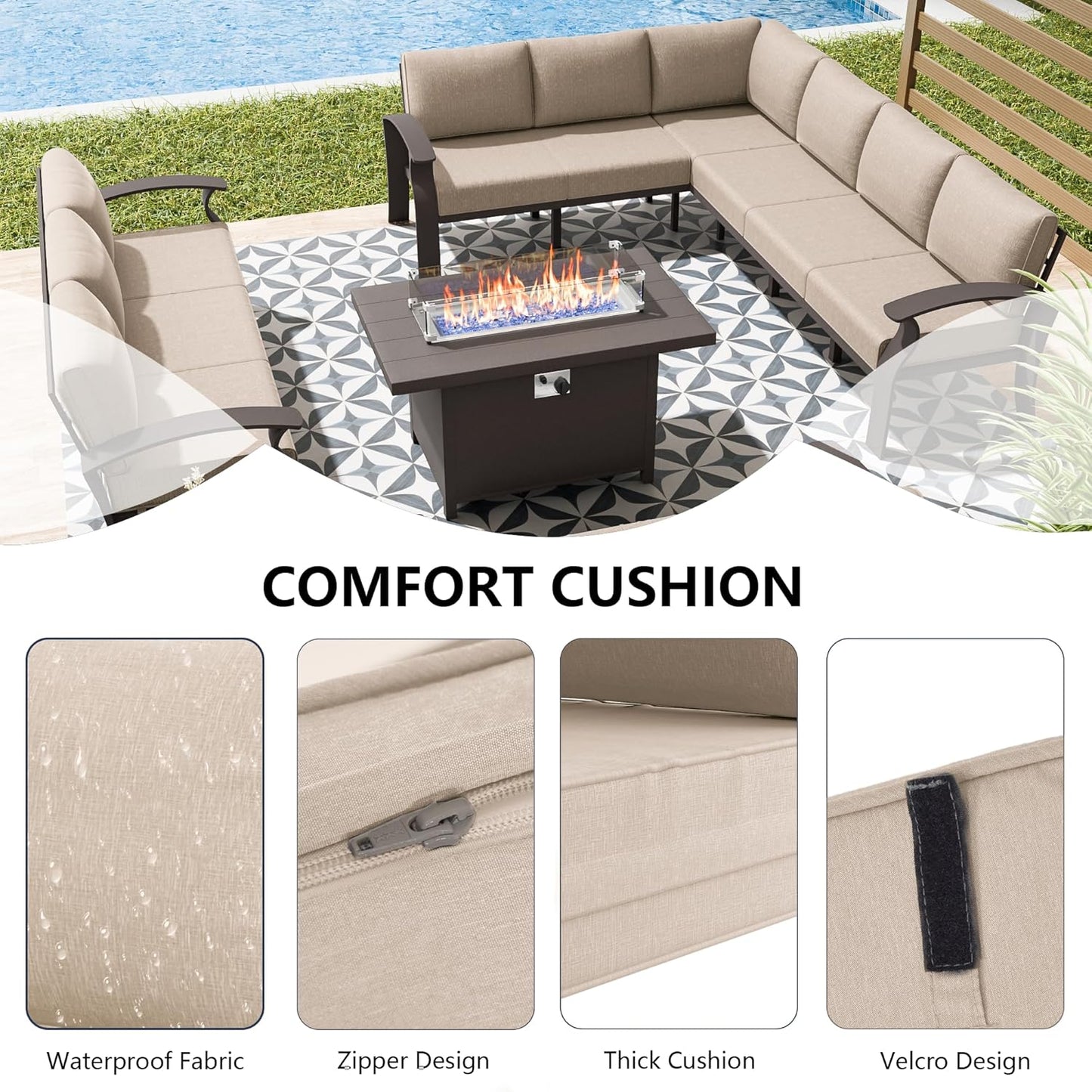 Aluminum Patio Furniture Set with Fire Pit Table, 10 Seats Outdoor Patio Conversation Set with Swivel Chair Modern Metal Patio Sectional Sofa with Coffee Table for Patio, Backyard(Sand).