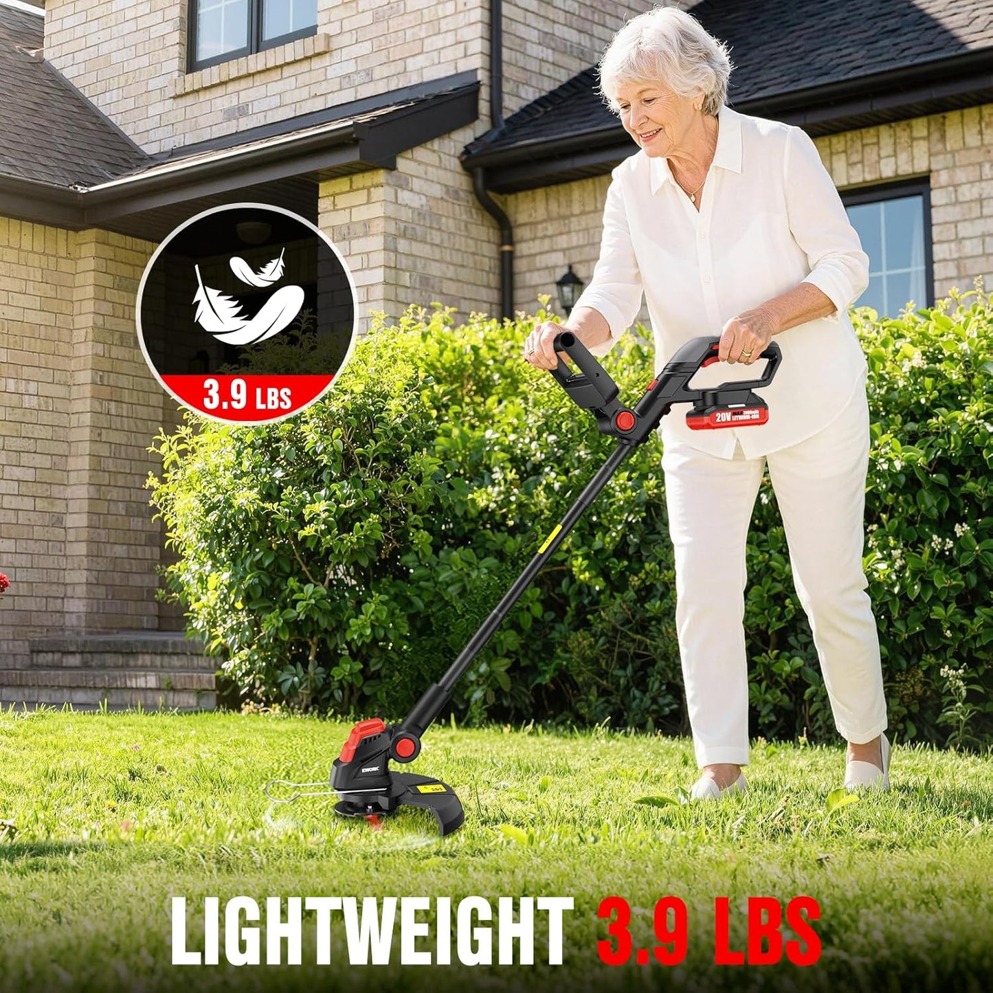 EWORK Weed Wacker Cordless 20V 10-Inch, Upgraded Cutter Blade, Weed Eater Battery Powered with 2×2.0Ah Batteries & Fast Charger, 2-in-1 Electric Grass Trimmer for Edger, Lawn, Garden